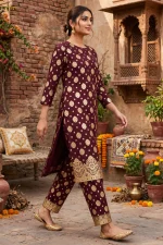 Maroon Banarsi Gold Print Lawn 2-Piece Unstitched Suit - Image 7