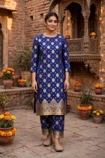 Royal Blue Banarsi Gold Print Lawn 2-Piece Unstitched Suit - Image 4