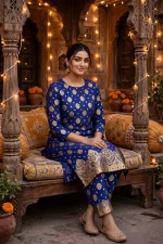Royal Blue Banarsi Gold Print Lawn 2-Piece Unstitched Suit - Image 5