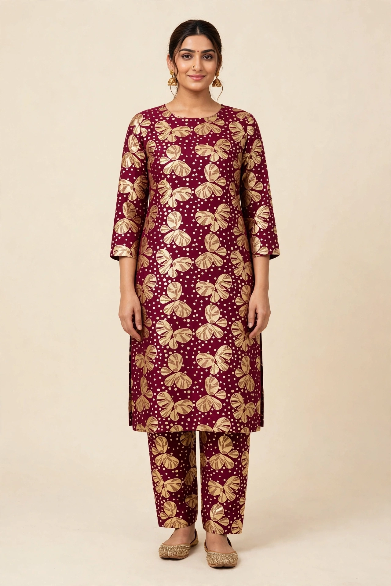 759611369_1716343912910522_8739322393649574282_n Magenta Butterfly Gold Print Lawn 2-Piece Unstitched Suit - Image 1