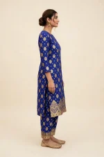 Royal Blue Banarsi Gold Print Lawn 2-Piece Unstitched Suit - Image 7