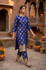 Royal Blue Banarsi Gold Print Lawn 2-Piece Unstitched Suit - Image 8