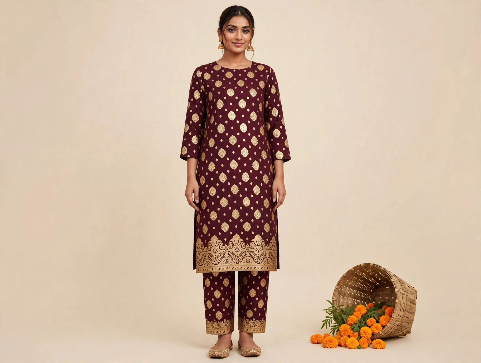 760862187_1924030234823668_8030053428270362727_n Maroon Banarsi Gold Print Lawn 2-Piece Unstitched Suit - Image 1