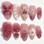 Rose Blossom 3D Floral Press-On Nails – Pink Pearl & Gold Charm Set